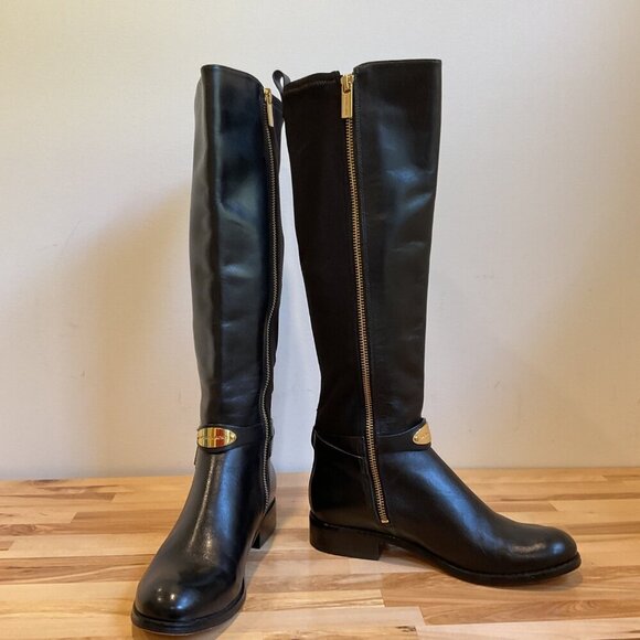 Michael Kors Black Leather Knee-High Riding Boots gold hardware Womens Size 5.5 - Picture 7 of 16